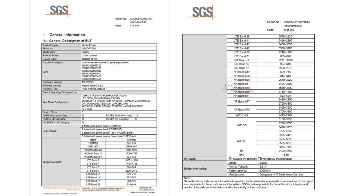 Thông tin chi tiết về pin và bộ sạc của Xiaomi 17T trên hệ thống FCC