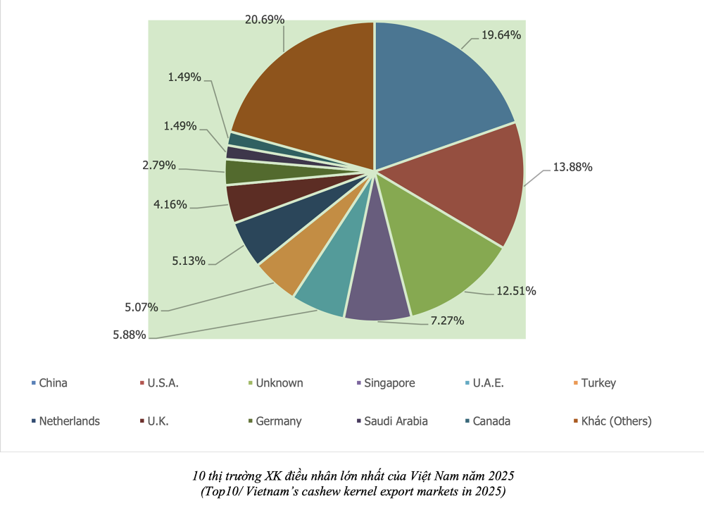 Top 10 thị trường xuất khẩu điều nhân lớn nhất của Việt Nam năm 2025