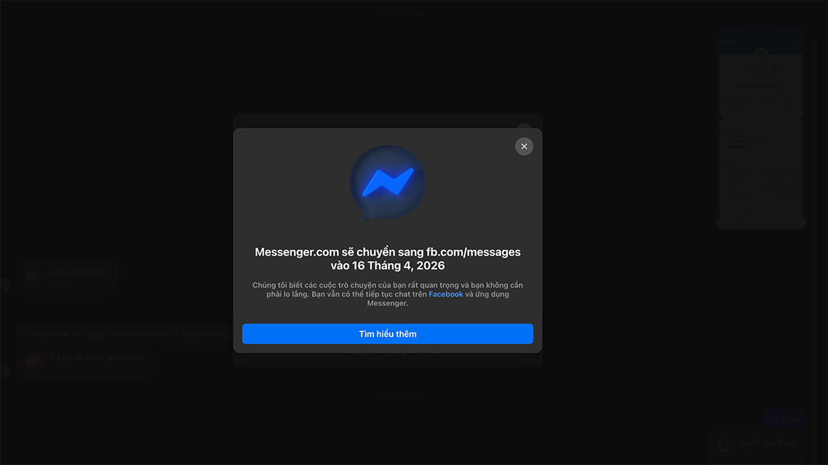 Thông báo từ Meta về việc đóng cửa Messenger.com vào ngày 16/4/2026