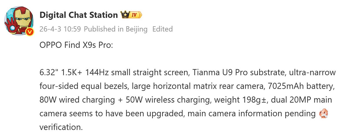 Dung lượng pin 7,025mAh trên OPPO Find X9s Pro