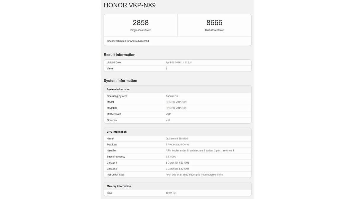 Điểm số Geekbench ấn tượng của HONOR 600 Pro.