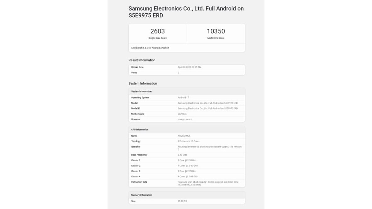 Hiệu năng của Exynos 2700 trên Geekbench