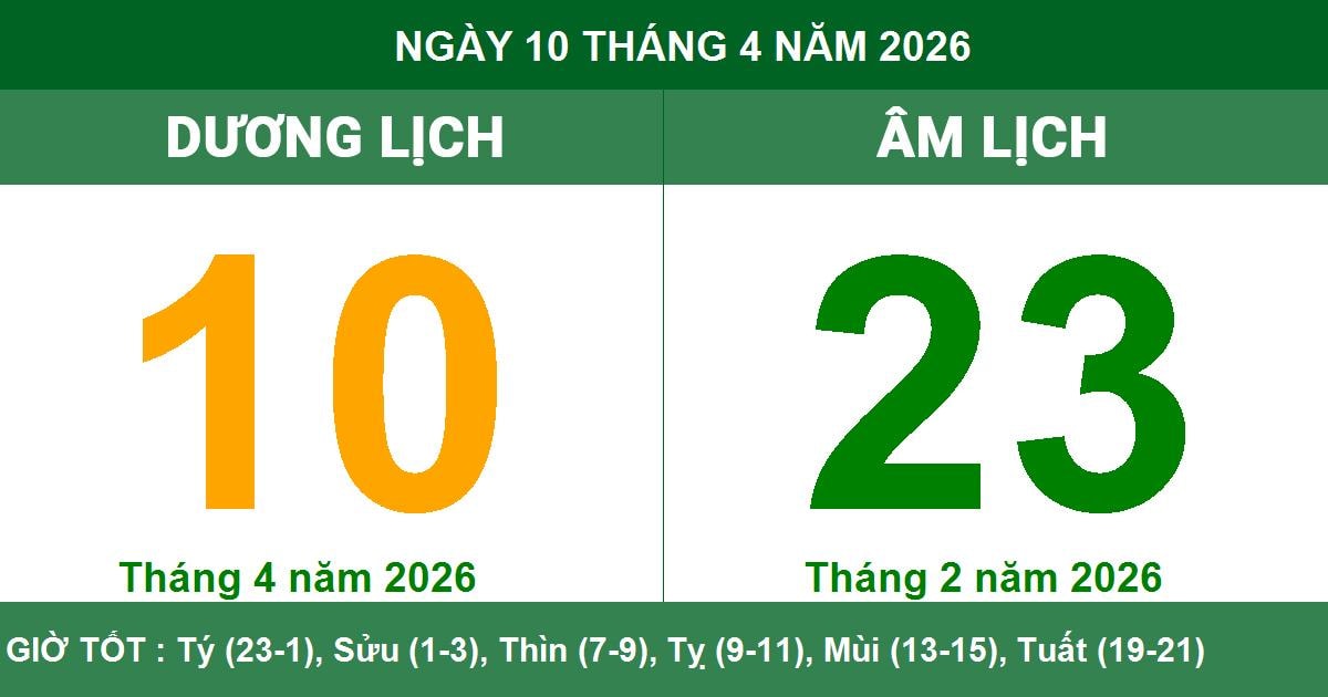 Lịch Âm Dương ngày 10/04/2026 với các thông tin về giờ hoàng đạo và ngũ hành