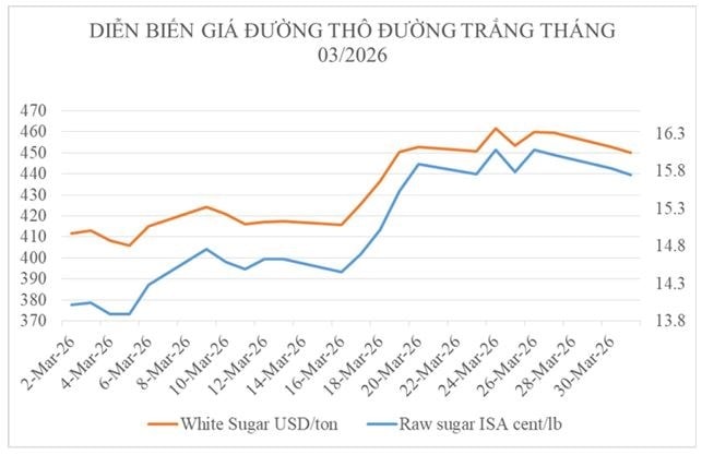 Biểu đồ giá đường thế giới tăng mạnh trong tháng 3/2026