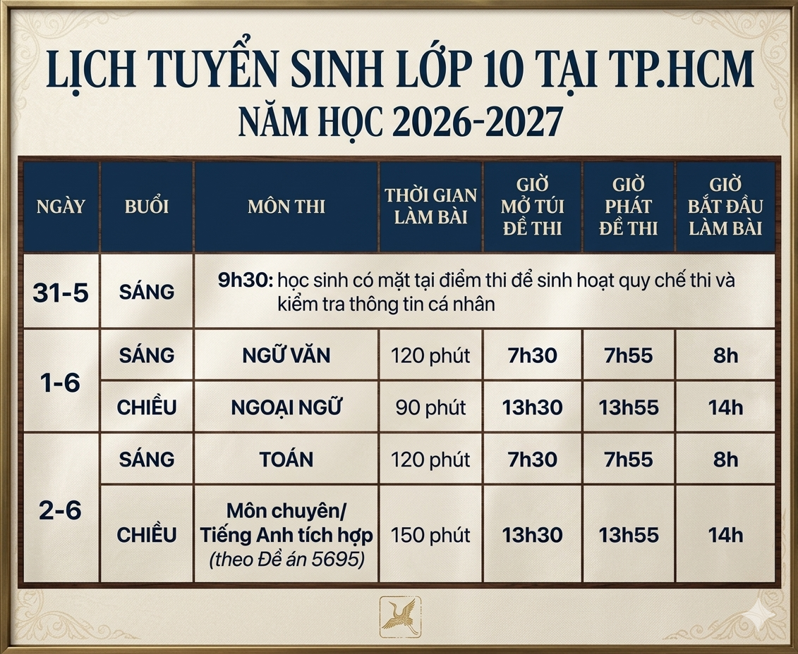 Lịch thi lớp 10 TP.HCM 2026