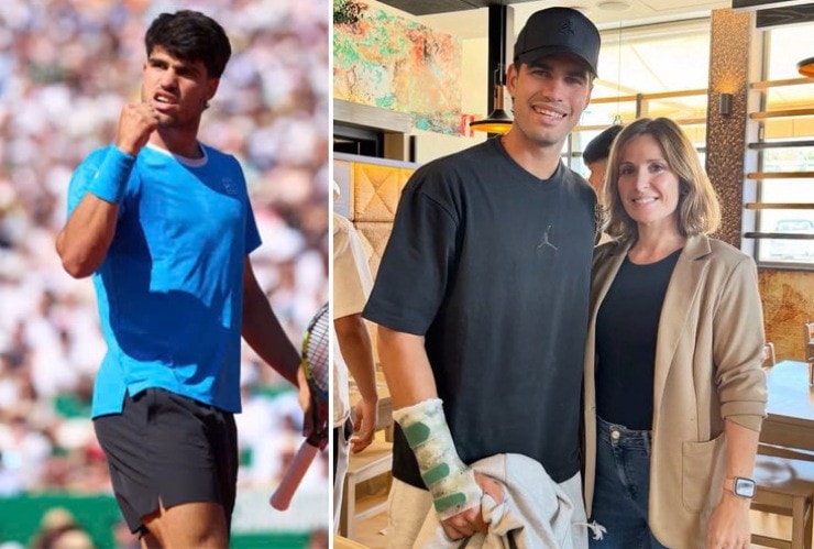 Carlos Alcaraz đeo nẹp cổ tay phải và chưa thể tập luyện