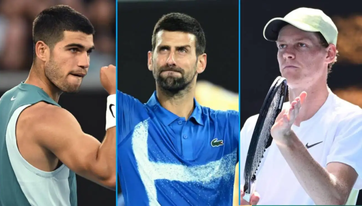 Jannik Sinner, Novak Djokovic và Carlos Alcaraz tại một sự kiện quần vợt