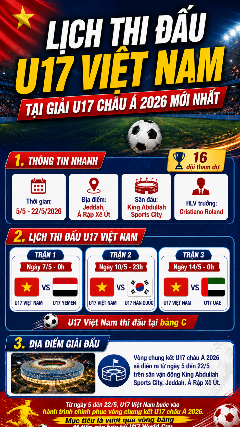 Lịch thi đấu U17 Việt Nam tại giải U17 châu Á 2026 mới nhất
