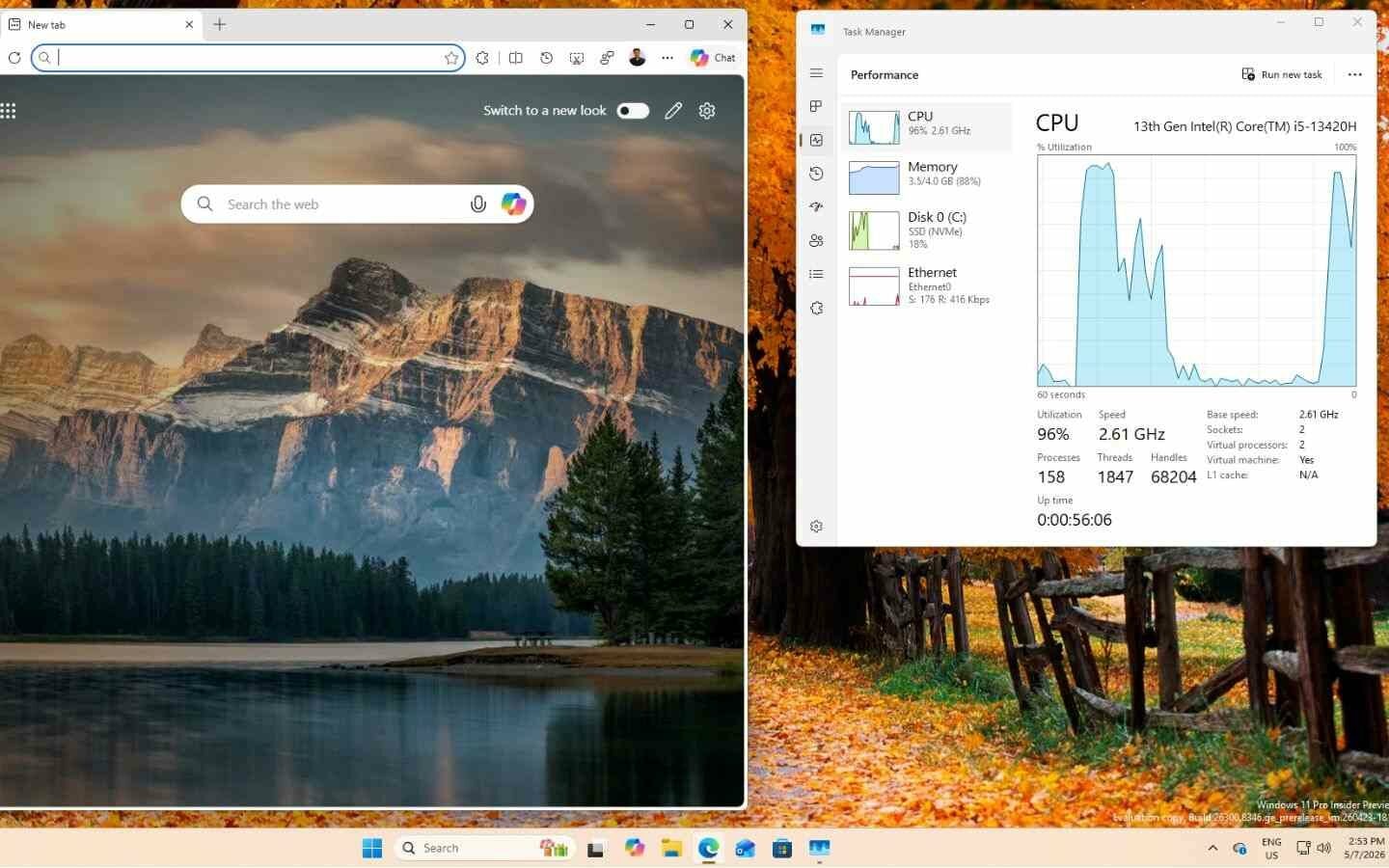 Edge đạt mức sử dụng CPU 96% khi mở ứng dụng trên Windows 11