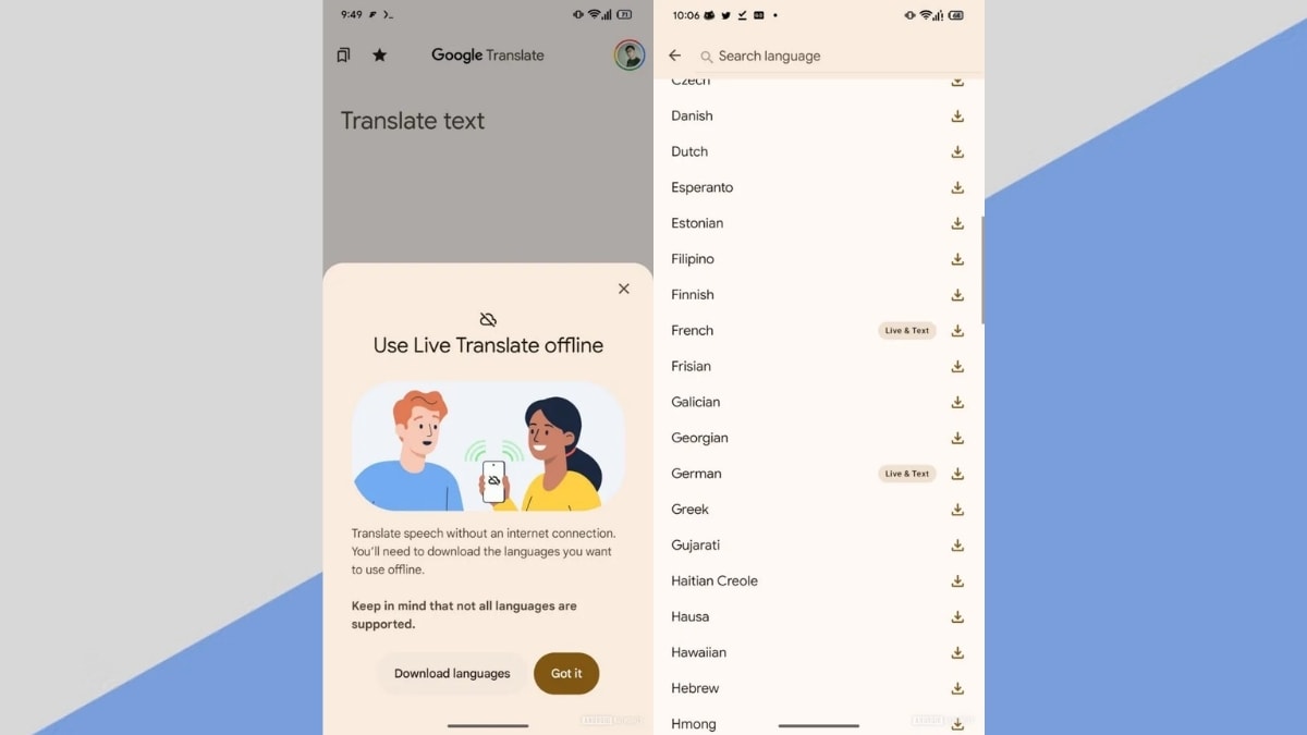 Giao diện thiết lập tính năng Live Translate ngoại tuyến trên ứng dụng Google Dịch