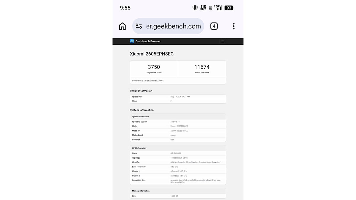 Điểm số Geekbench của Xiaomi 17 Max