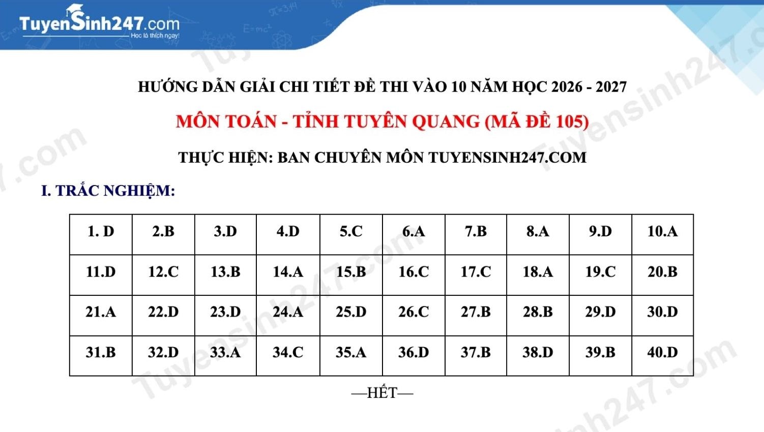 Đáp án đề thi tuyển sinh lớp 10 môn toán Tuyên Quang 2026