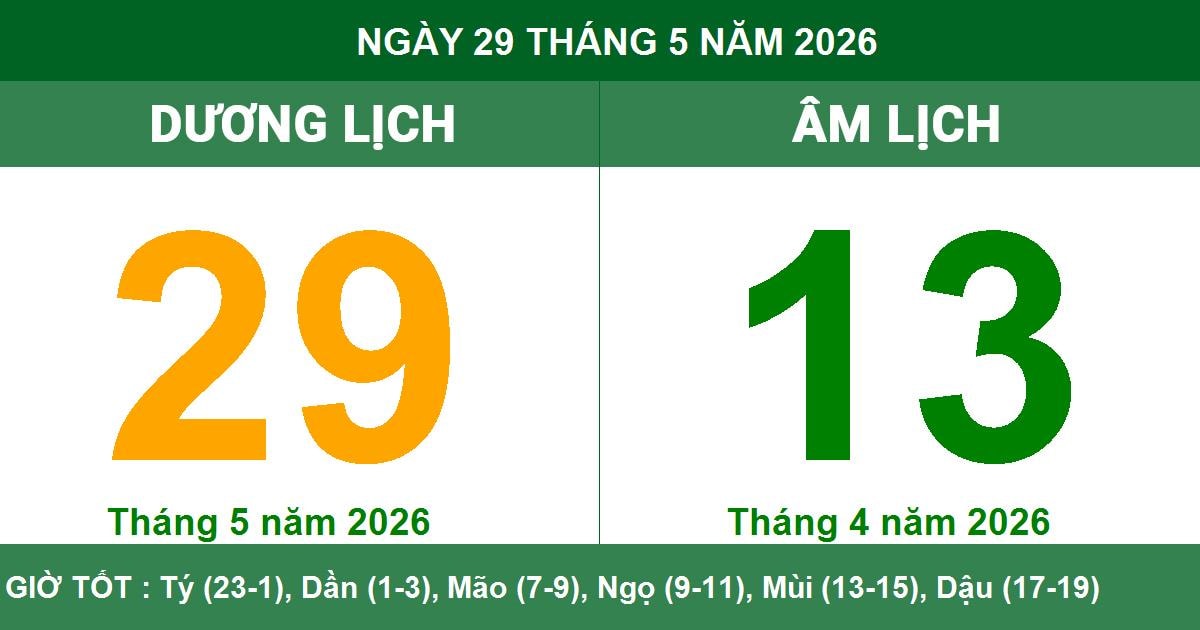 Bảng tra cứu lịch âm dương ngày 29/05/2026 chi tiết