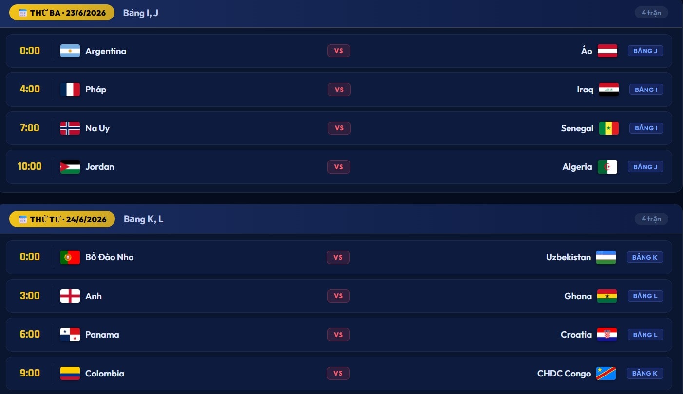 Lịch thi đấu World Cup các ngày 23 và 24 tháng 6