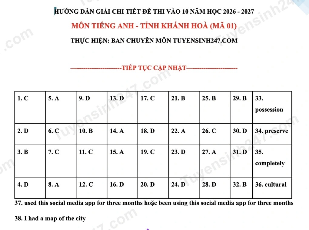 Đáp án đề thi vào lớp 10 môn tiếng Anh tỉnh Khánh Hòa năm 2026
