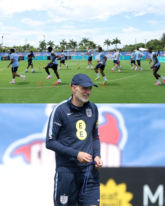 HLV Thomas Tuchel mặc áo khoác dài tay trong buổi tập của tuyển Anh tại Mỹ.