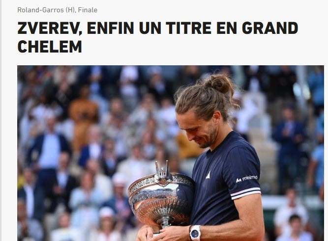 Zverev, cuối cùng cũng có một danh hiệu Grand Slam - tiêu đề trên tờ L'Equipe