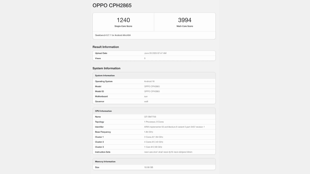 Điểm số hiệu năng Geekbench của OPPO Reno16 phiên bản quốc tế
