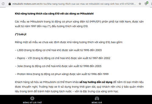 Thông báo trên website của Mitsubishi Việt Nam về các dòng xe tương thích xăng E10.