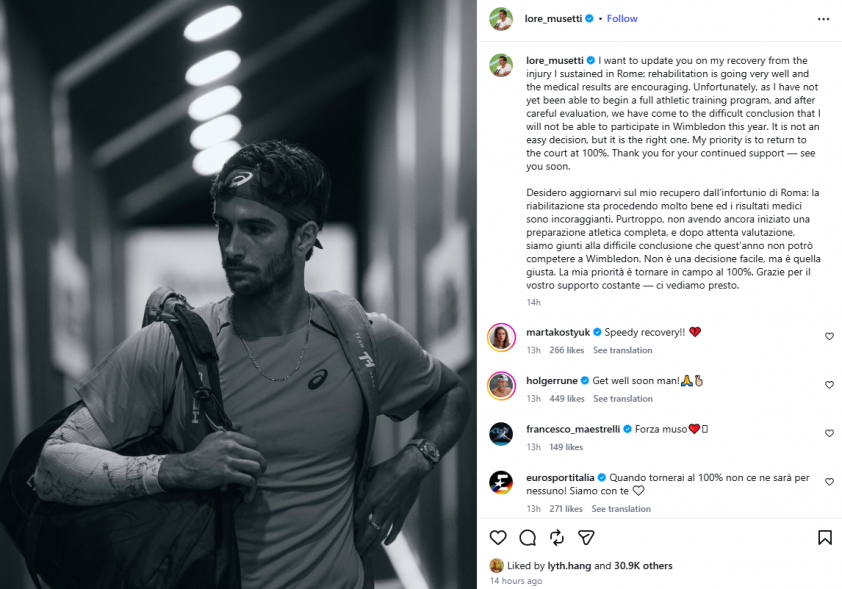 Thông báo rút lui của Lorenzo Musetti trên mạng xã hội trước thềm Wimbledon 2026