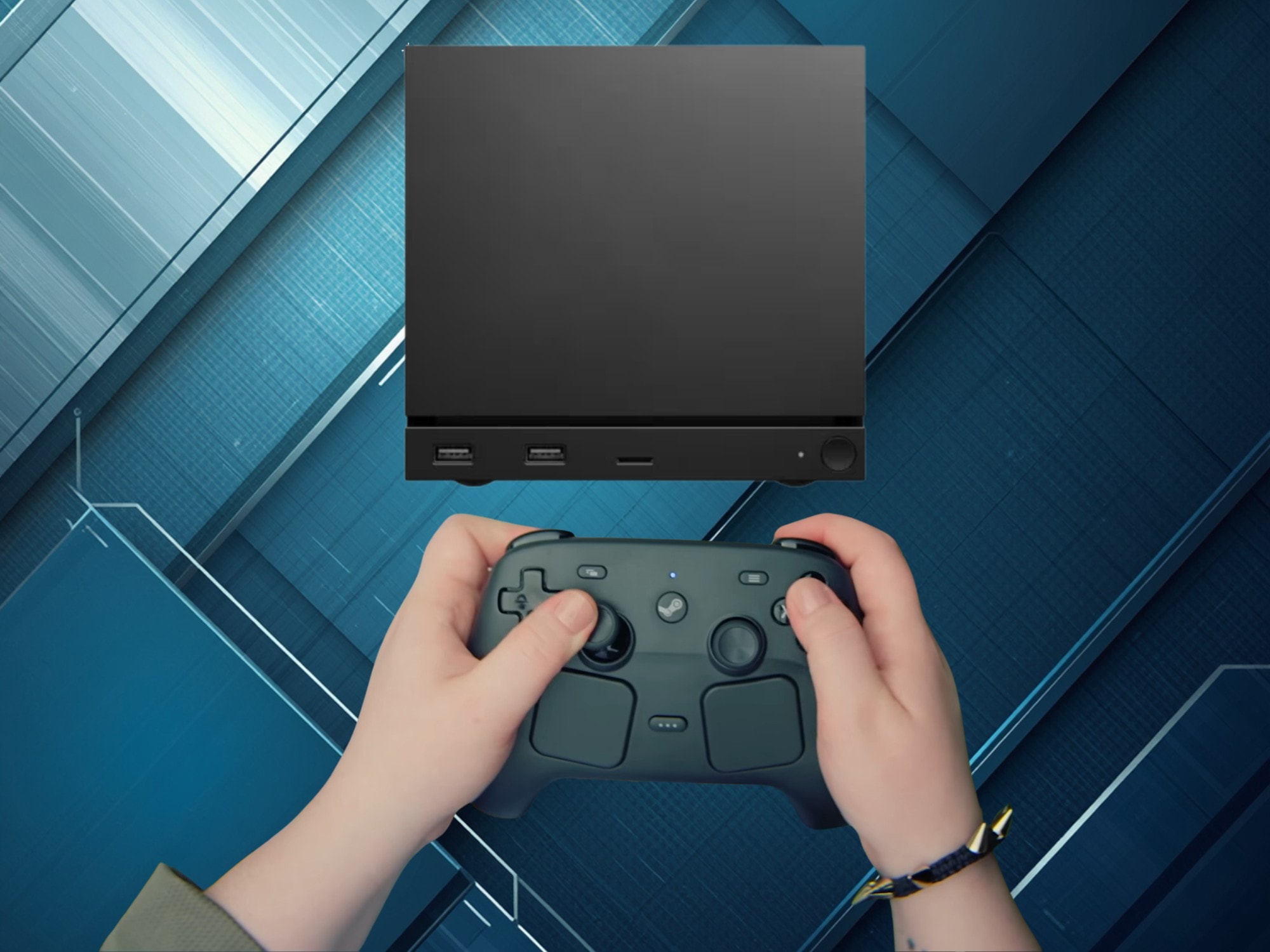 Steam Controller được hiển thị cùng với Steam Machine