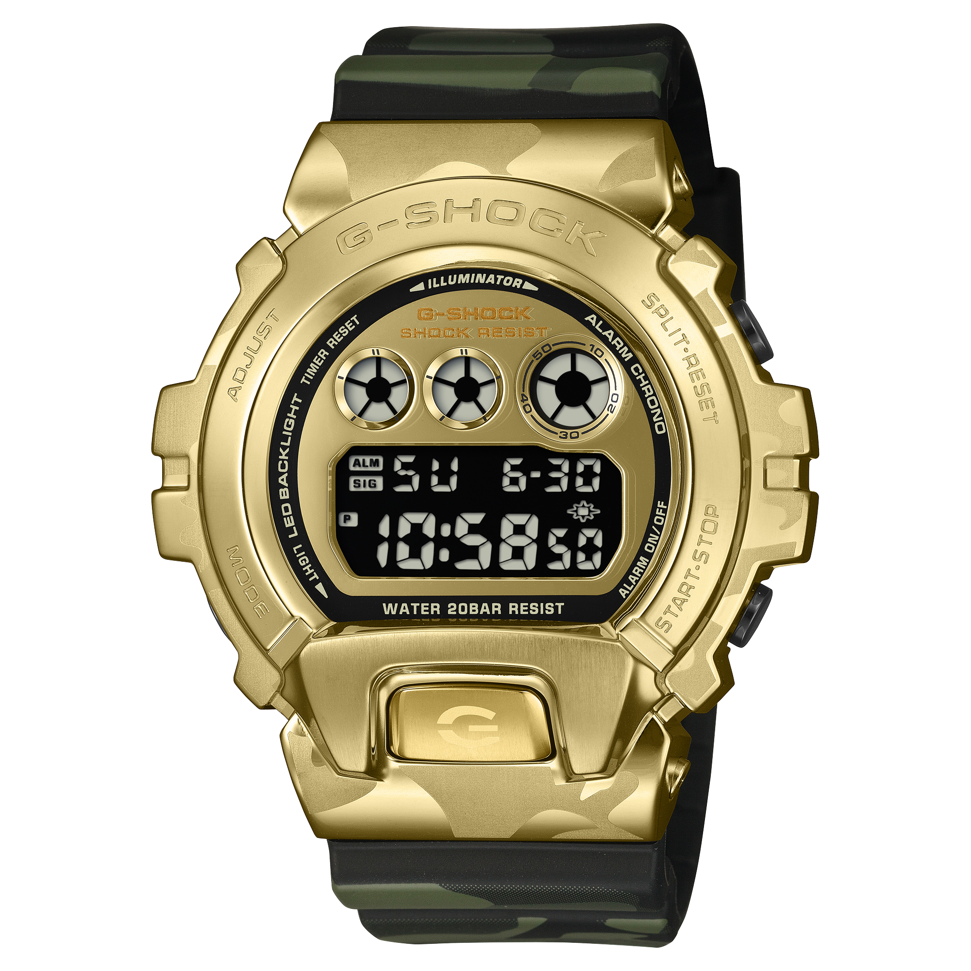 Cận cảnh mẫu Casio GM-6900CMG-3 với viền thép mạ vàng.