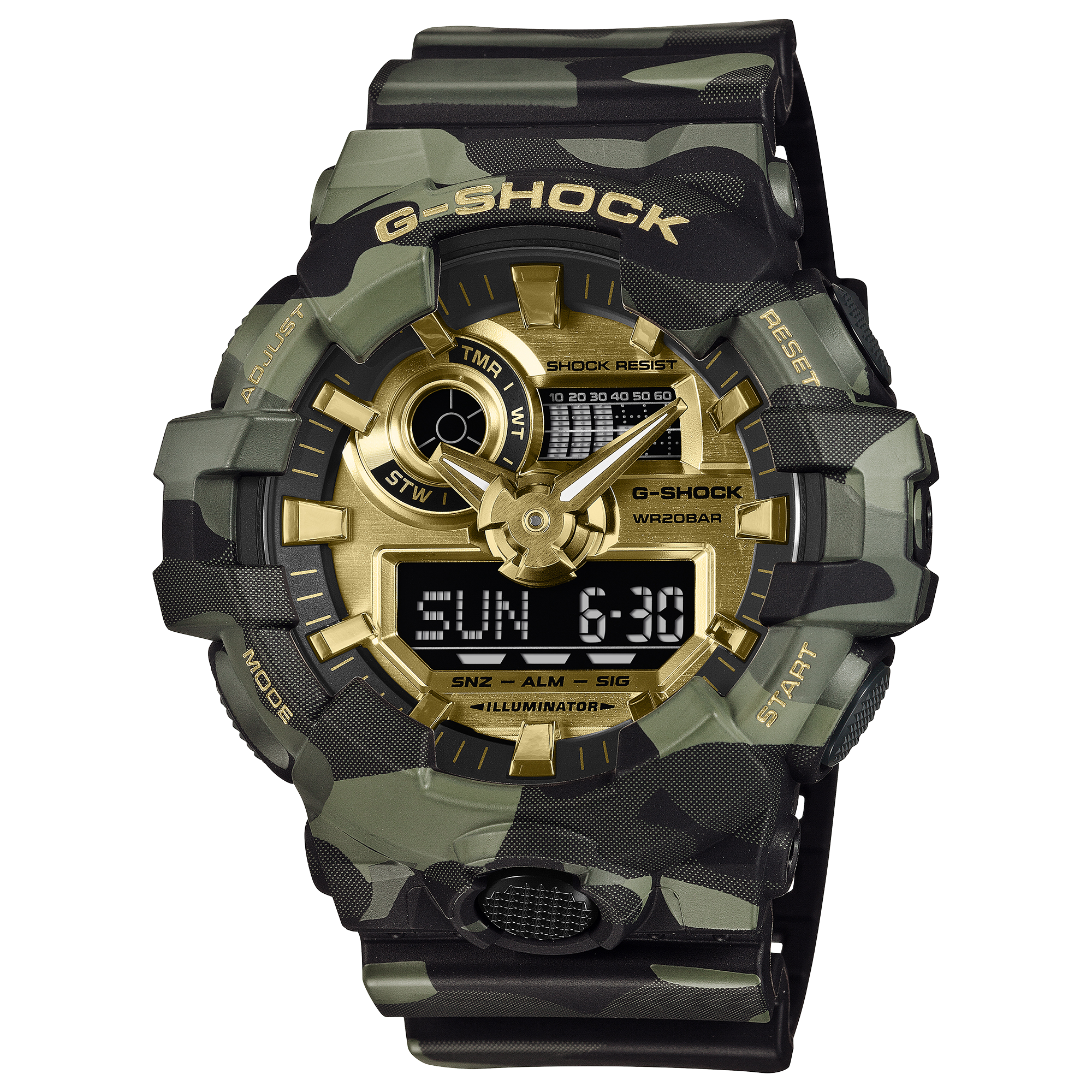 Casio GA-700CMG-3A với mặt số kim loại.