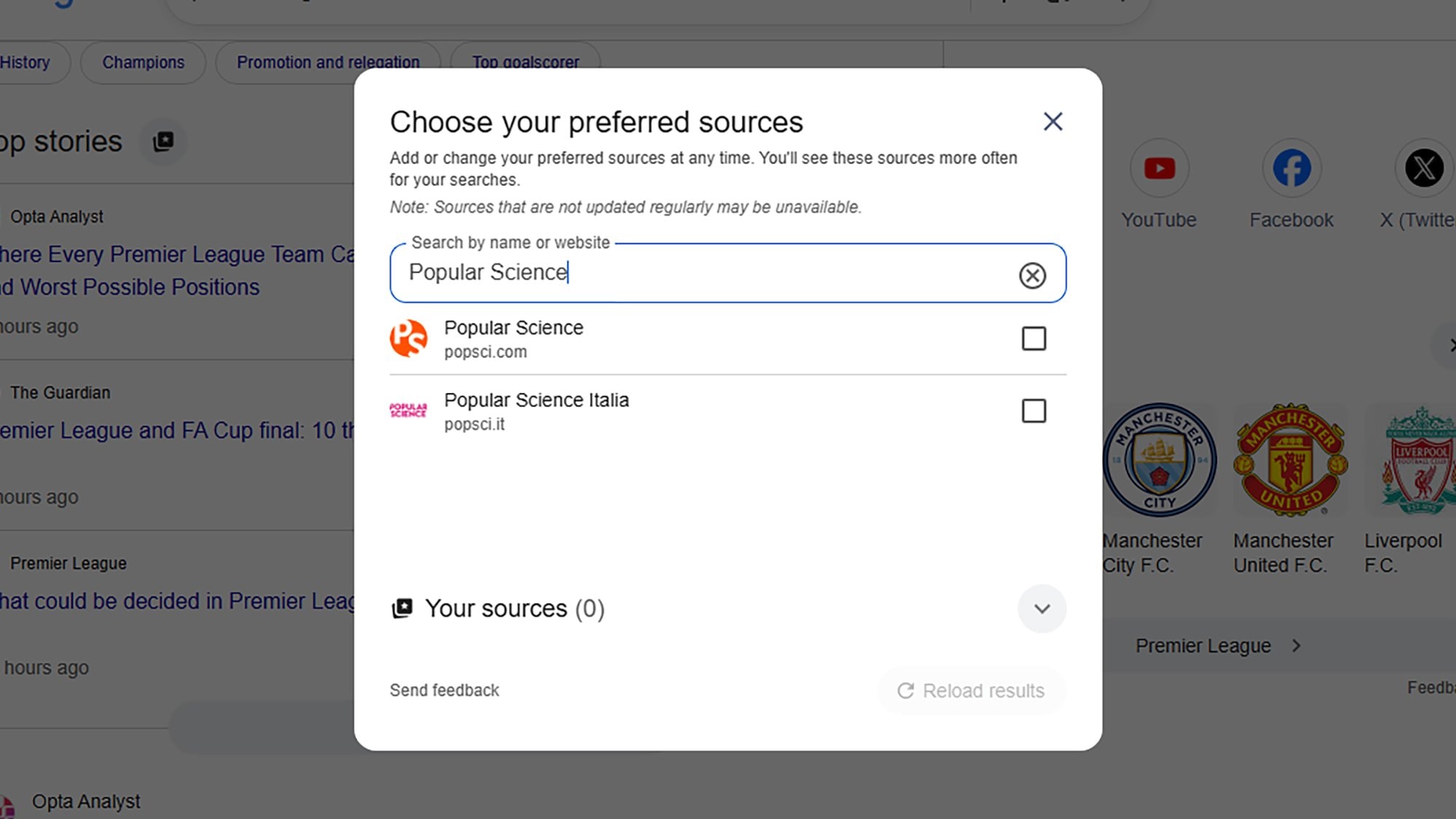 Giao diện thiết lập nguồn tin ưu tiên trên Google Search