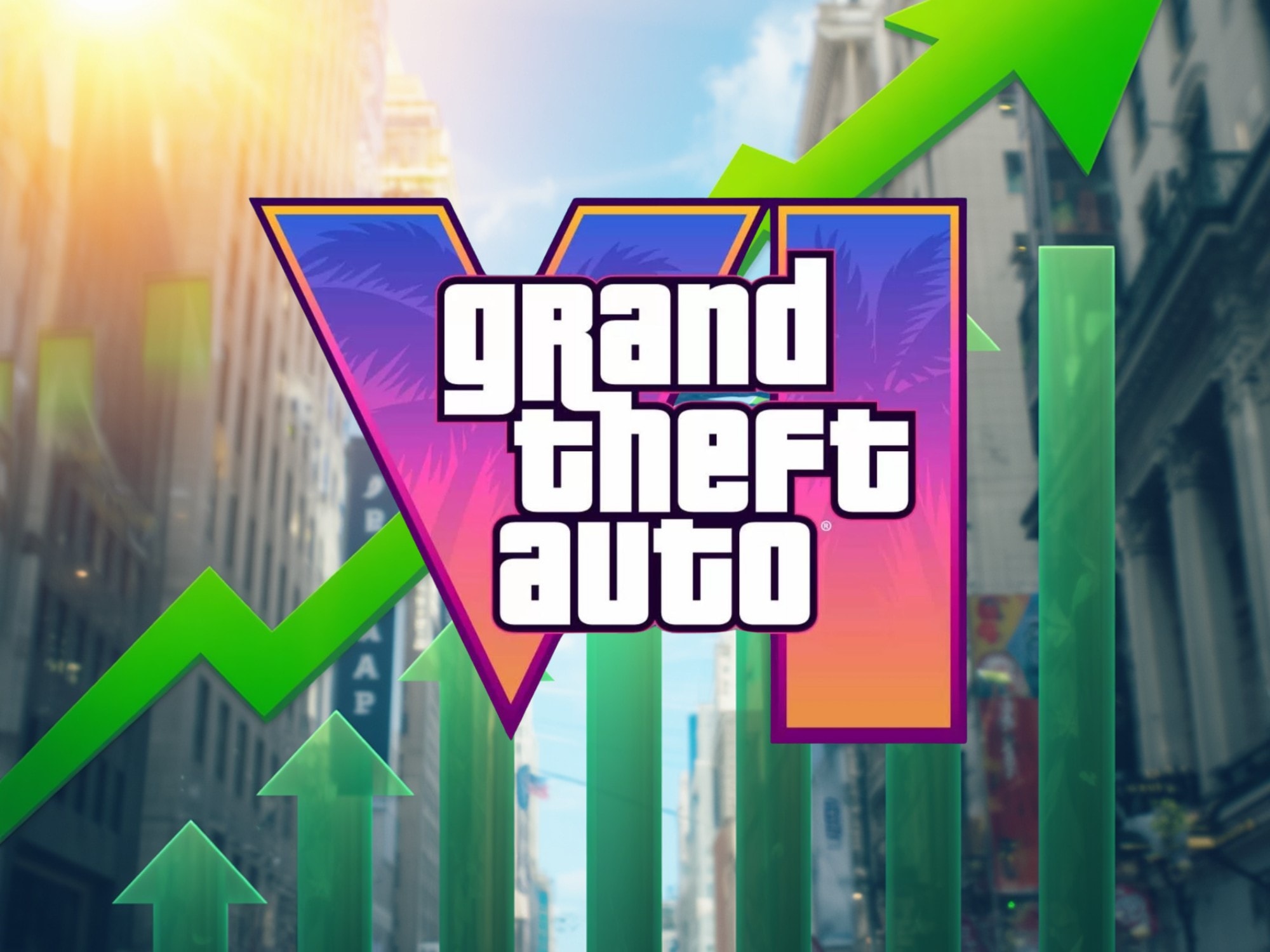 Logo GTA 6 hiển thị cùng bảng điện tử cổ phiếu Take-Two Interactive