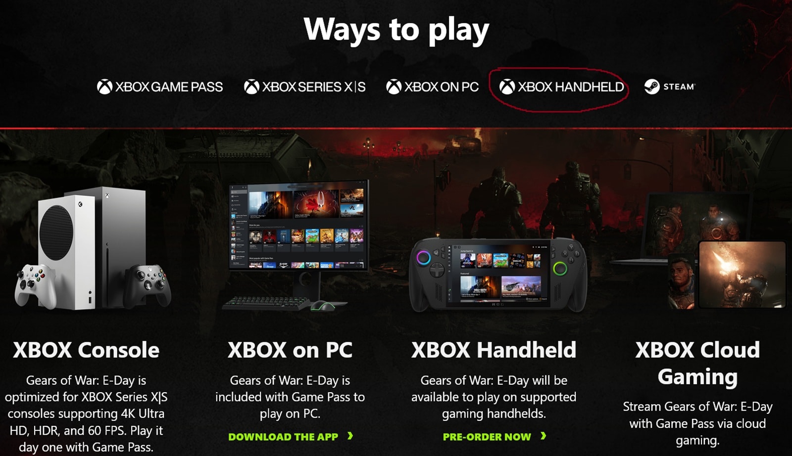 Biểu tượng Xbox Handheld trên trang web Gears of War: E-Day