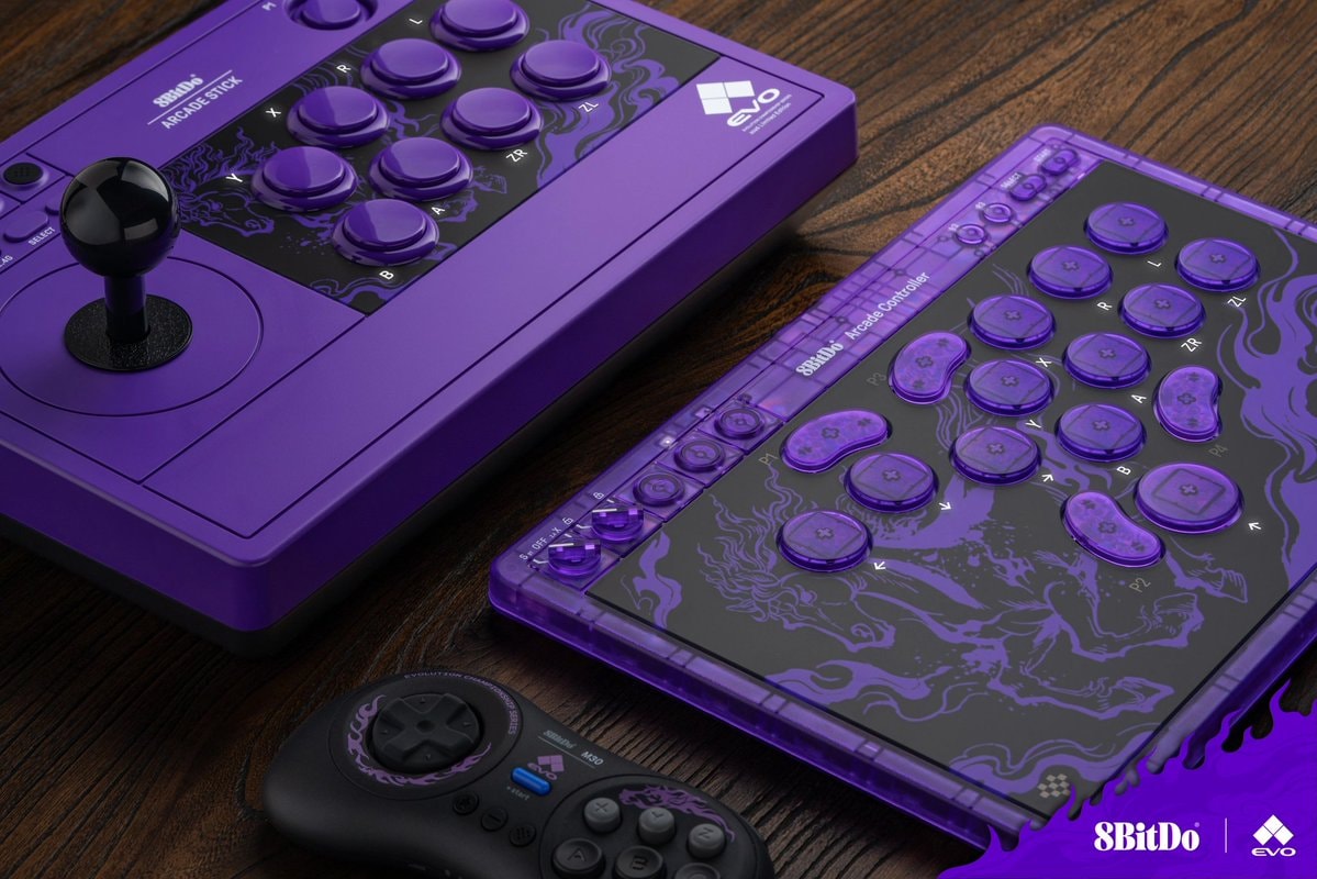 Bộ ba tay cầm 8BitDo Evo 2026 Limited Edition với tông màu tím chủ đạo.