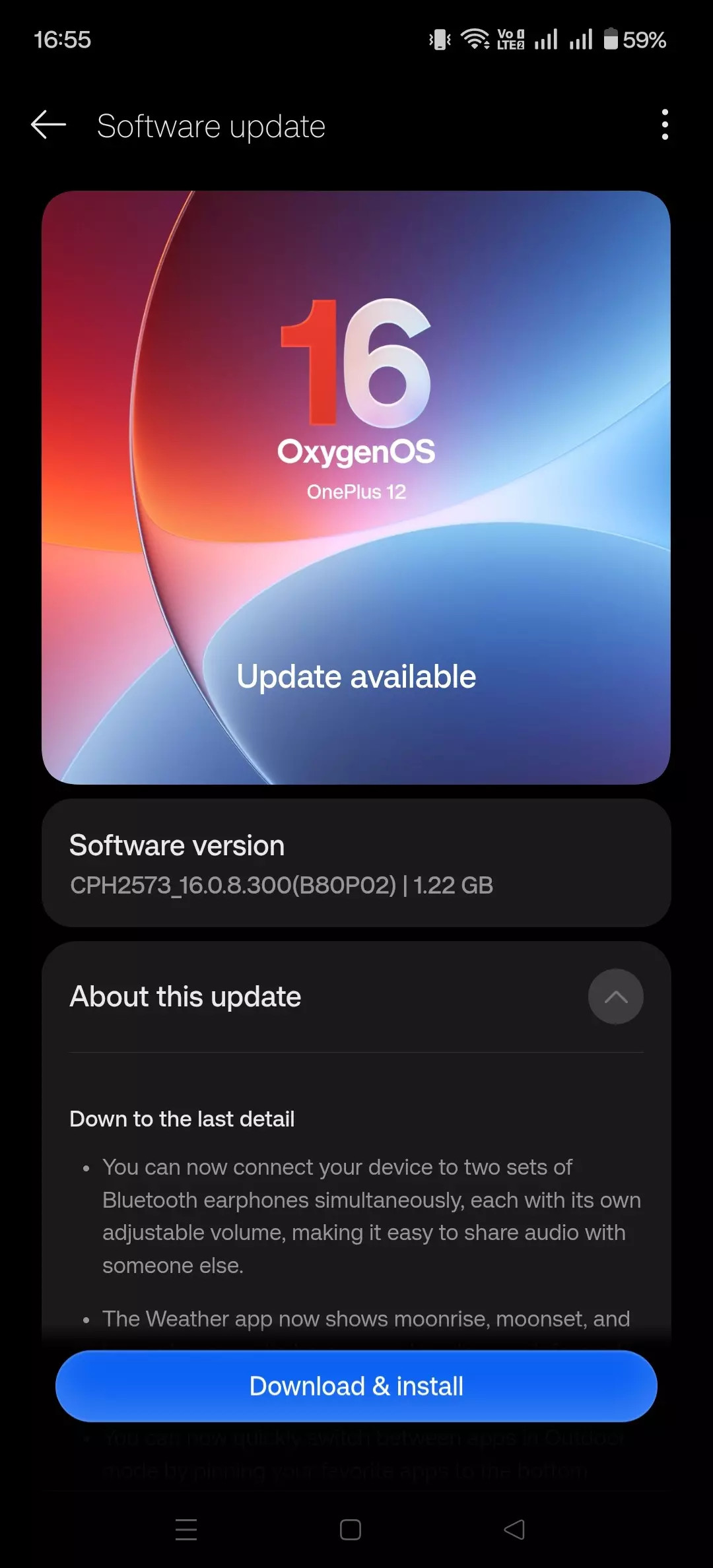 Màn hình cập nhật phần mềm OxygenOS 16.0.8.300 trên OnePlus 12