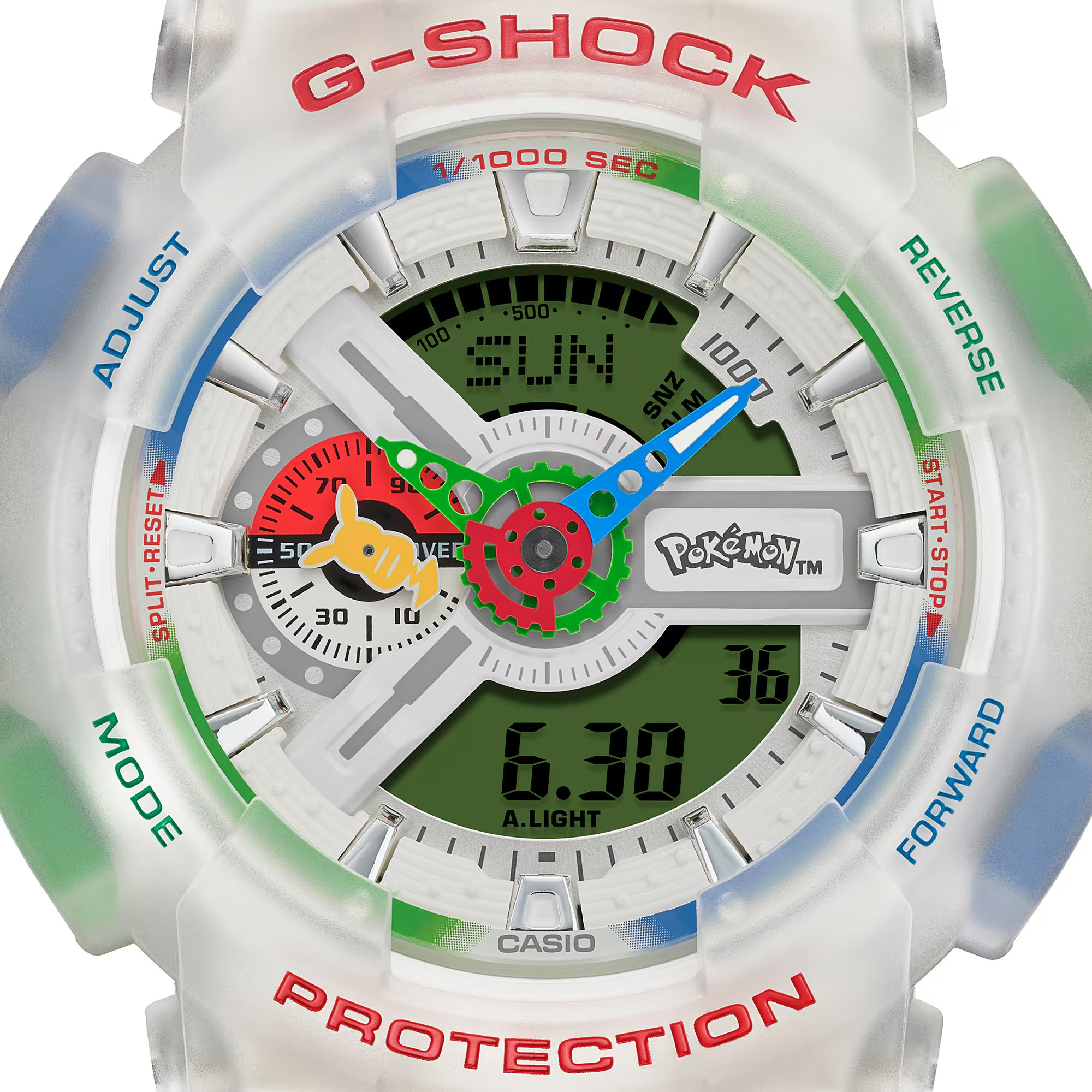 Cận cảnh mặt số G-Shock GA-110 với kim chỉ hình Pikachu và logo Pokémon
