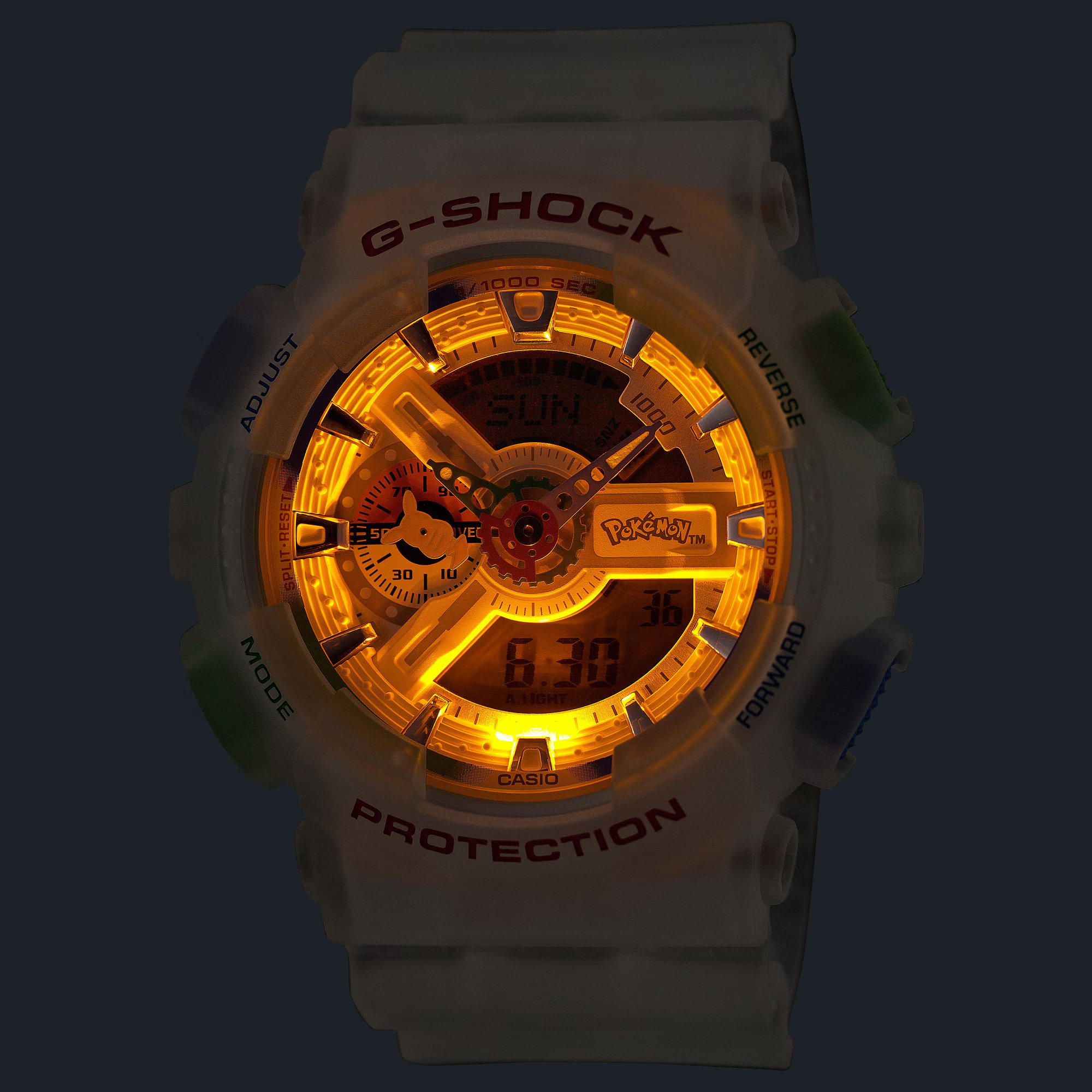 Đèn LED màu hổ phách của G-Shock Pokémon trong bóng tối