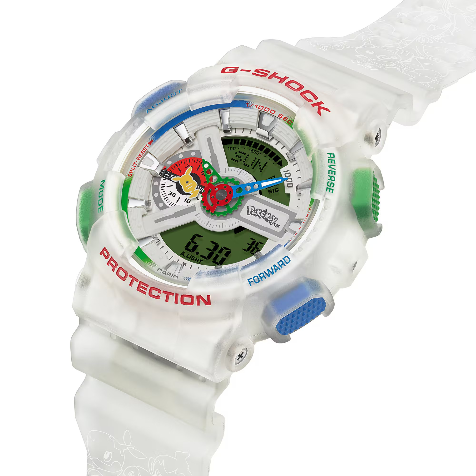 Góc nghiêng của Casio G-Shock Pokémon GA-110PKM-7A với vỏ trong suốt