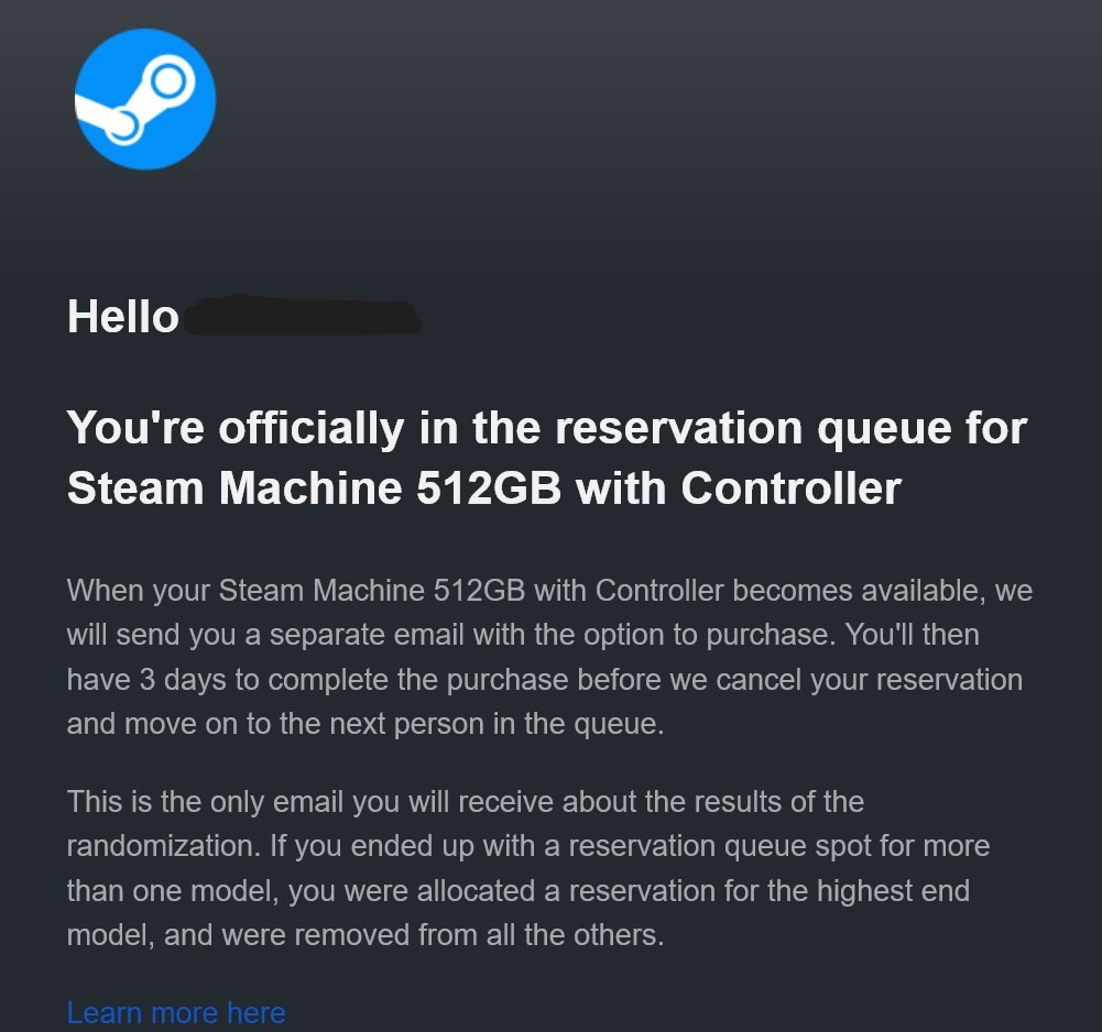 Giao diện email xác nhận đặt chỗ Steam Machine được gửi từ Valve.