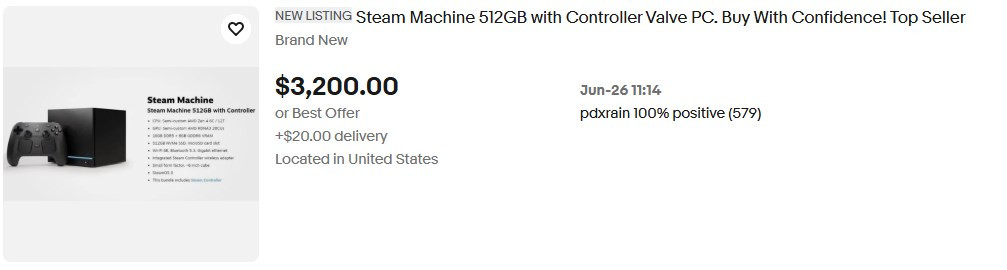 Danh sách rao bán Steam Machine trên eBay với giá cao.