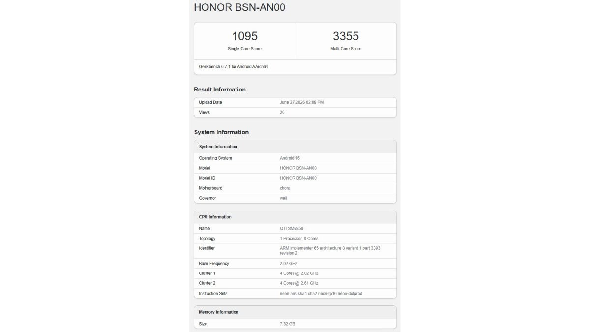 Bảng điểm Geekbench của HONOR X80 Pro Max sử dụng chipset Snapdragon 6 Gen 5 mới.