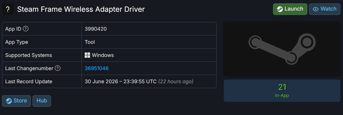 Thông tin driver Steam Frame trên SteamDB