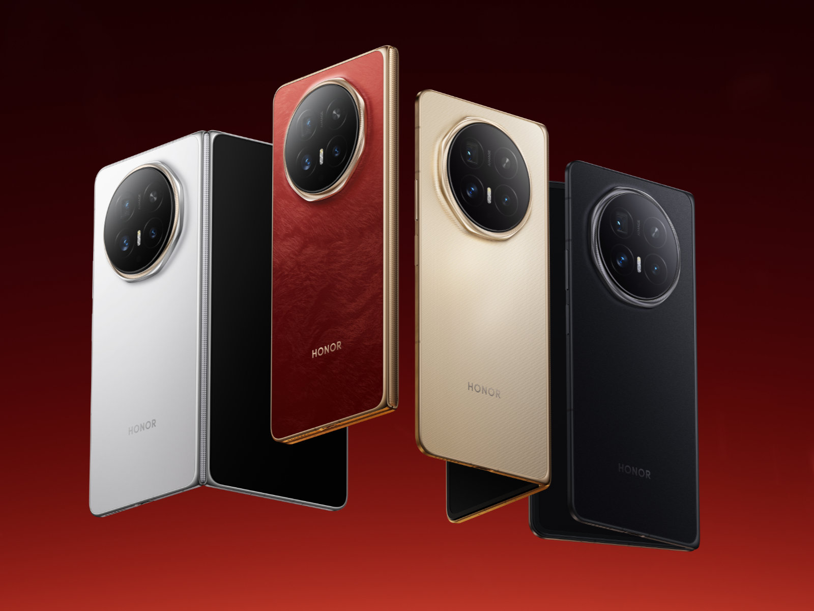 Honor Magic V6 với các tùy chọn màu sắc trắng, đỏ, vàng và đen