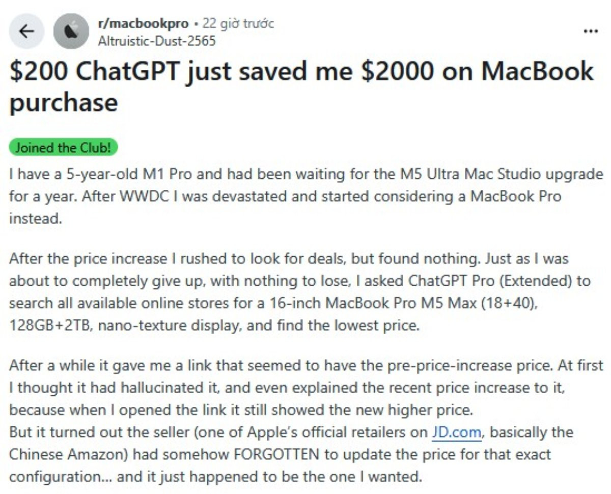 Người dùng tiết kiệm số tiền lớn khi mua MacBook Pro M5 Max nhờ ChatGPT Pro