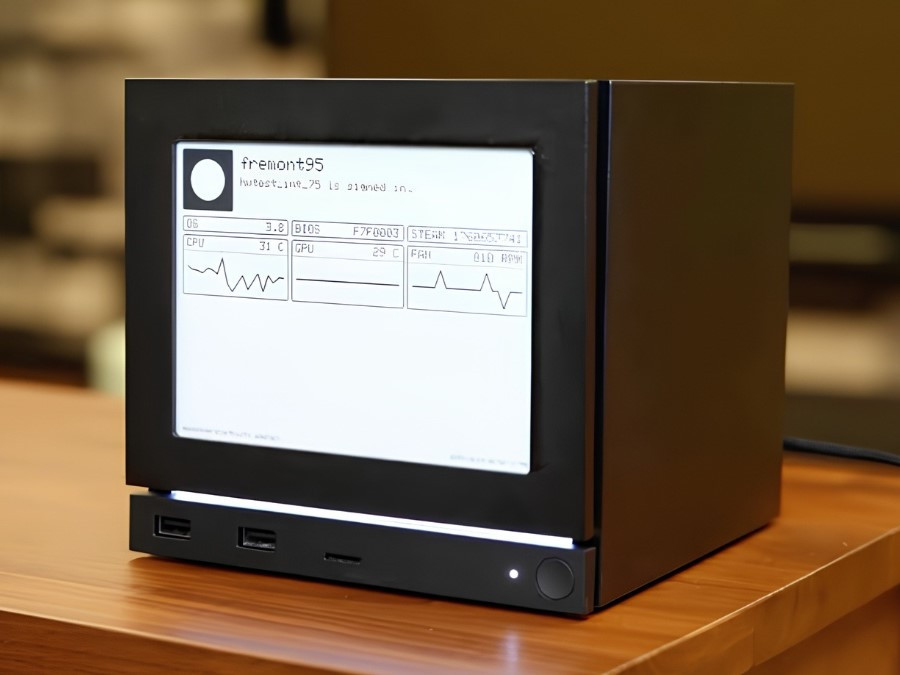 Cận cảnh Steam Machine với mặt nạ tích hợp màn hình mực điện tử e-ink