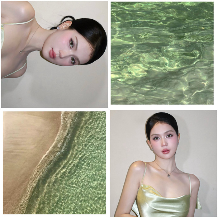 Ngọc Trinh trong trang phục màu xanh trước đó