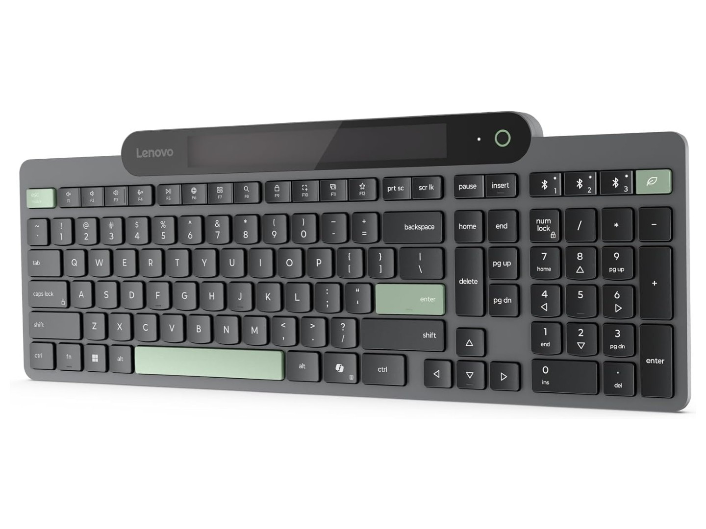 Bàn phím Lenovo Self-Charging Bluetooth màu xám đen với các phím bấm hiện đại.