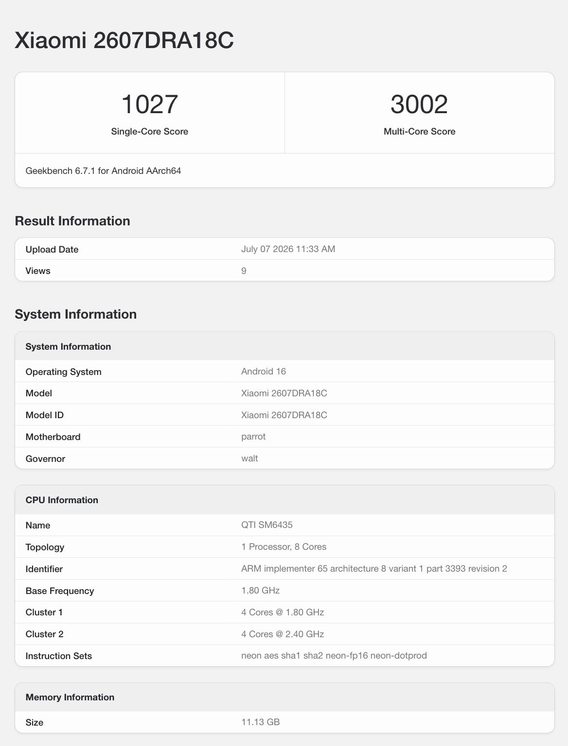 Kết quả thử nghiệm Geekbench của Xiaomi Redmi Note 17 với chip Snapdragon 6s Gen 4