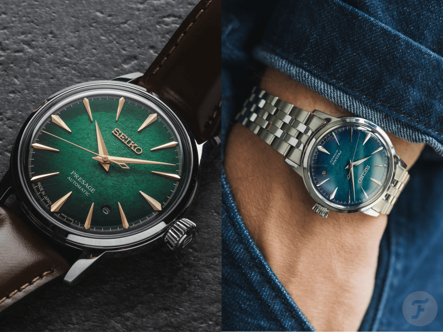Hai mẫu Seiko Presage Cocktail Time HCB002J và HCB001J đặt cạnh nhau