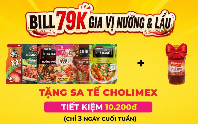Ưu đãi online cuối tuần - Mua Gia vị nướng lẩu từ 79k tặng sa tế Cholimex