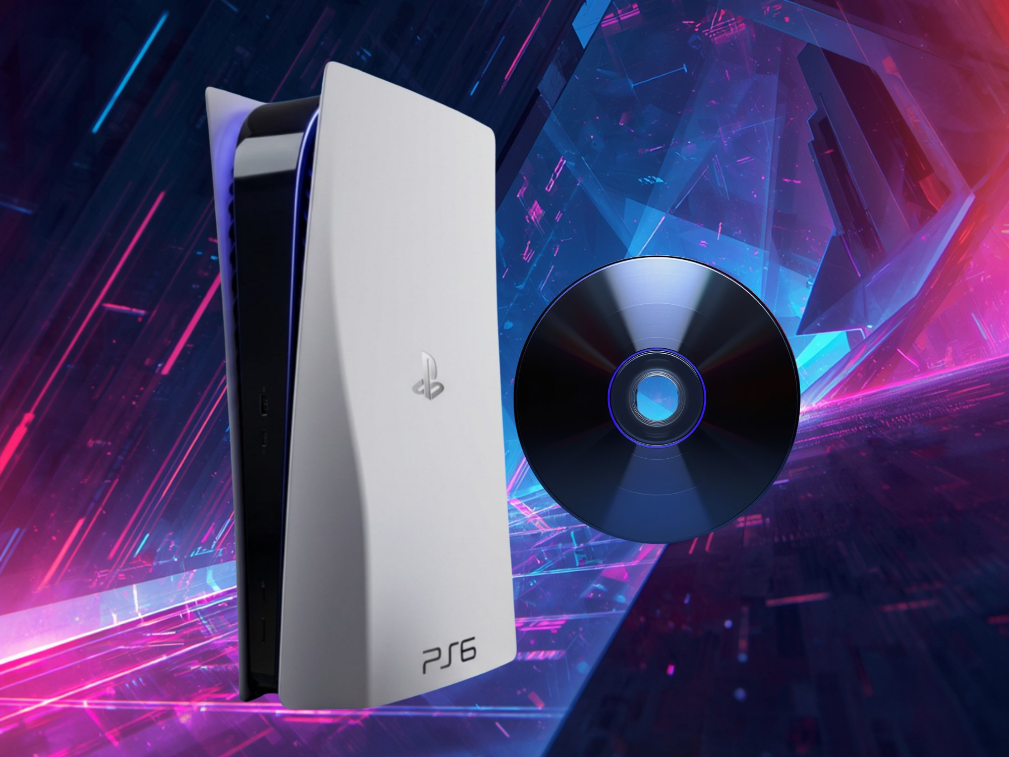 Bản dựng mô phỏng máy chơi game PS6 đi kèm với đĩa game vật lý