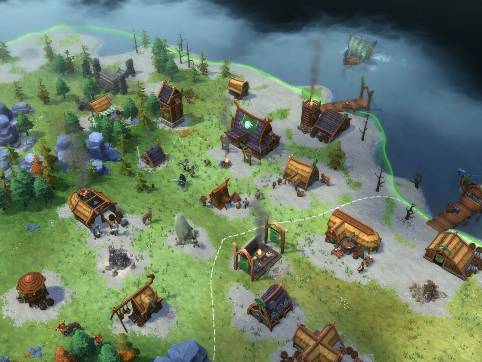 Khung cảnh một ngôi làng trong trò chơi Northgard: Definitive Edition.
