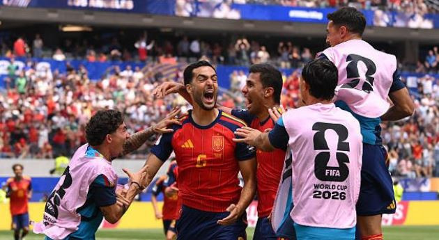 Mikel Merino ăn mừng bàn thắng quyết định vào lưới tuyển Bỉ tại World Cup 2026.
